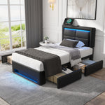 Upholstered Bed 90x200cm LED USB Charging 4 Drawers - Black PU Lychee