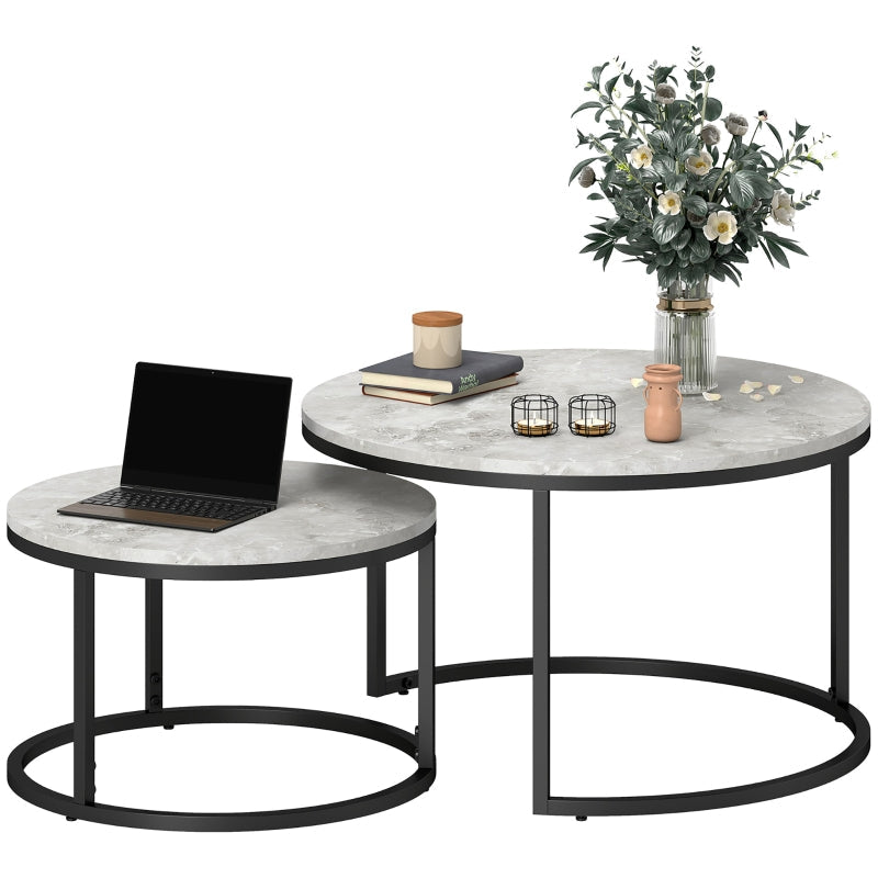 Coffee Table Set - 2 Round Nesting Tables Industrial Metal Frame - Concrete Look/Black