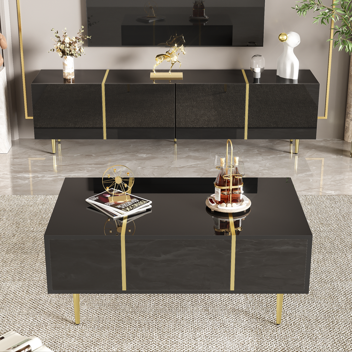 TV Cabinet and Coffee Table Set, High Gloss, Black