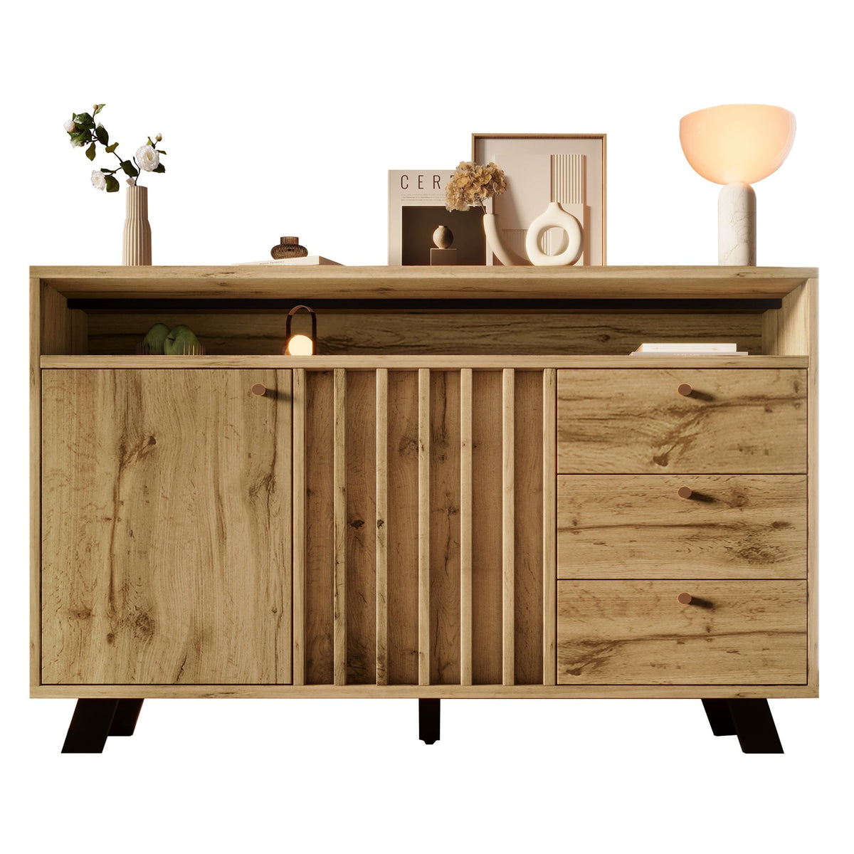 Vintage Sideboard Cabinet 3 Drawers 2 Doors Slatted Front 120cm - Dark Oak