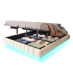 Upholstered Bed 180x200cm Hydraulic Storage LED Light, Linen Beige