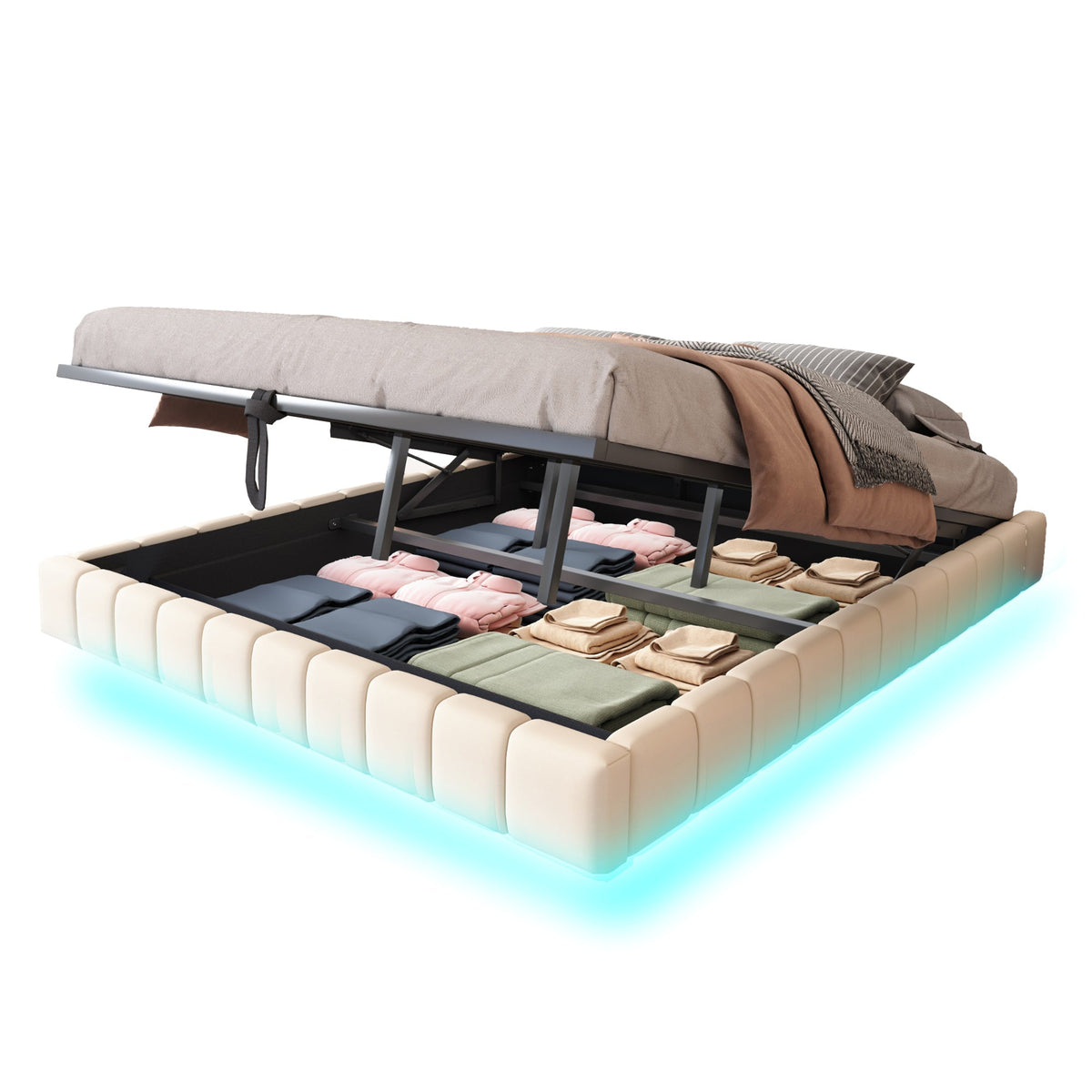 Upholstered Bed 180x200cm Hydraulic Storage LED Light, Linen Beige