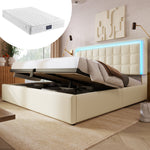 Upholstered Bed with LED Lighting, Storage Space and Mattress, 160x200cm, White Faux Leather