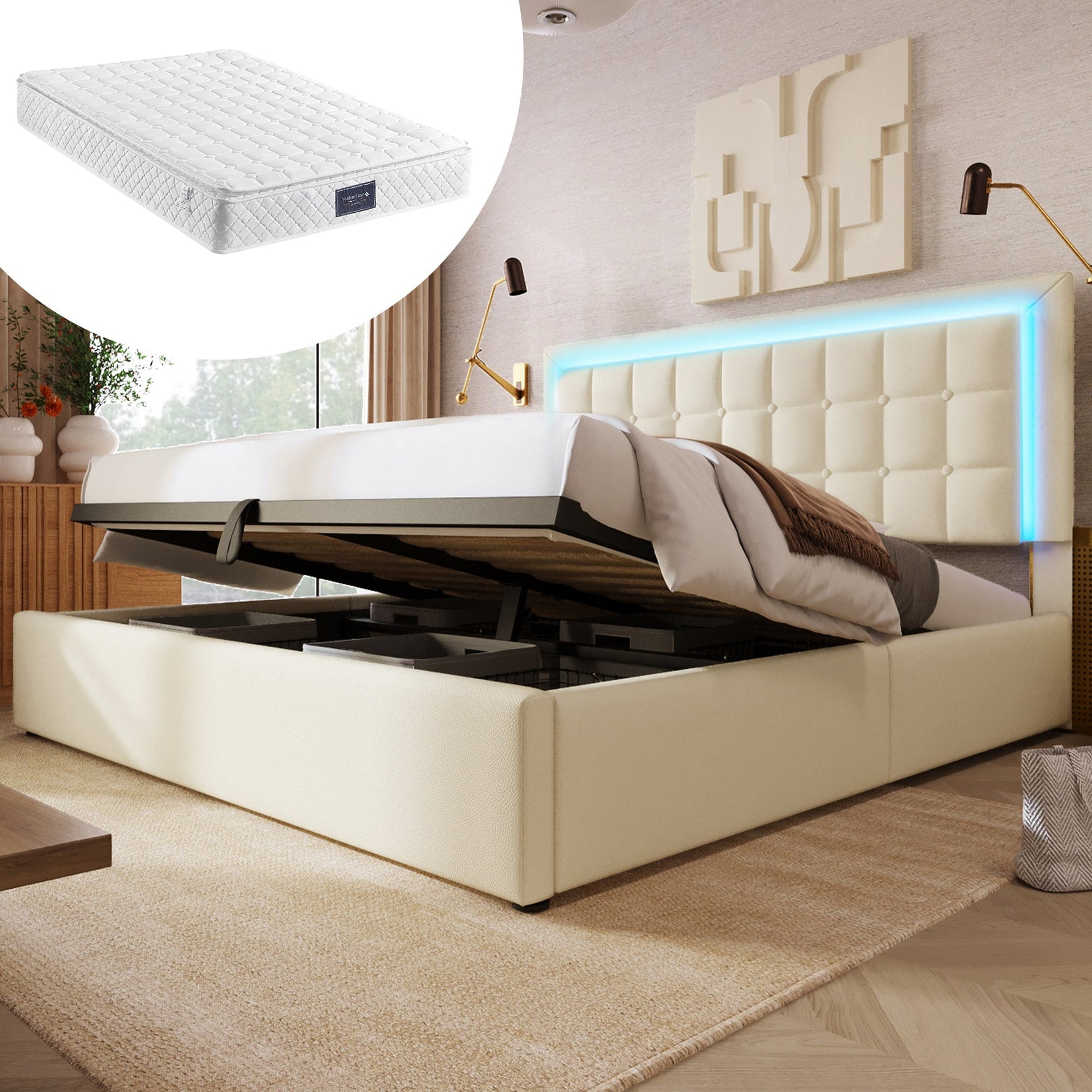 Upholstered Bed with LED Lighting, Storage Space and Mattress, 160x200cm, White Faux Leather