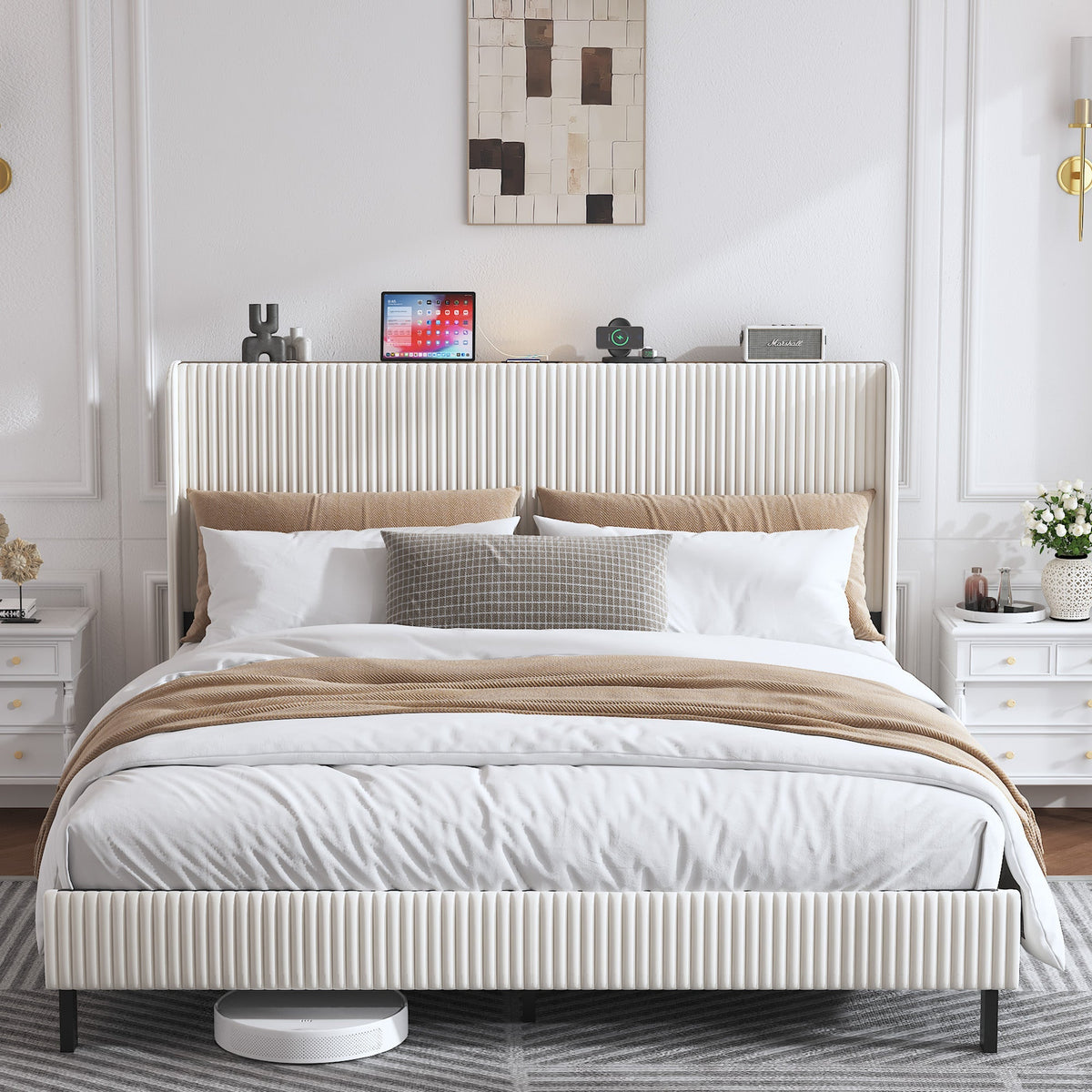 Bed Frame 180x200 Upholstered Platform Wing Headboard Metal Slats Fabric