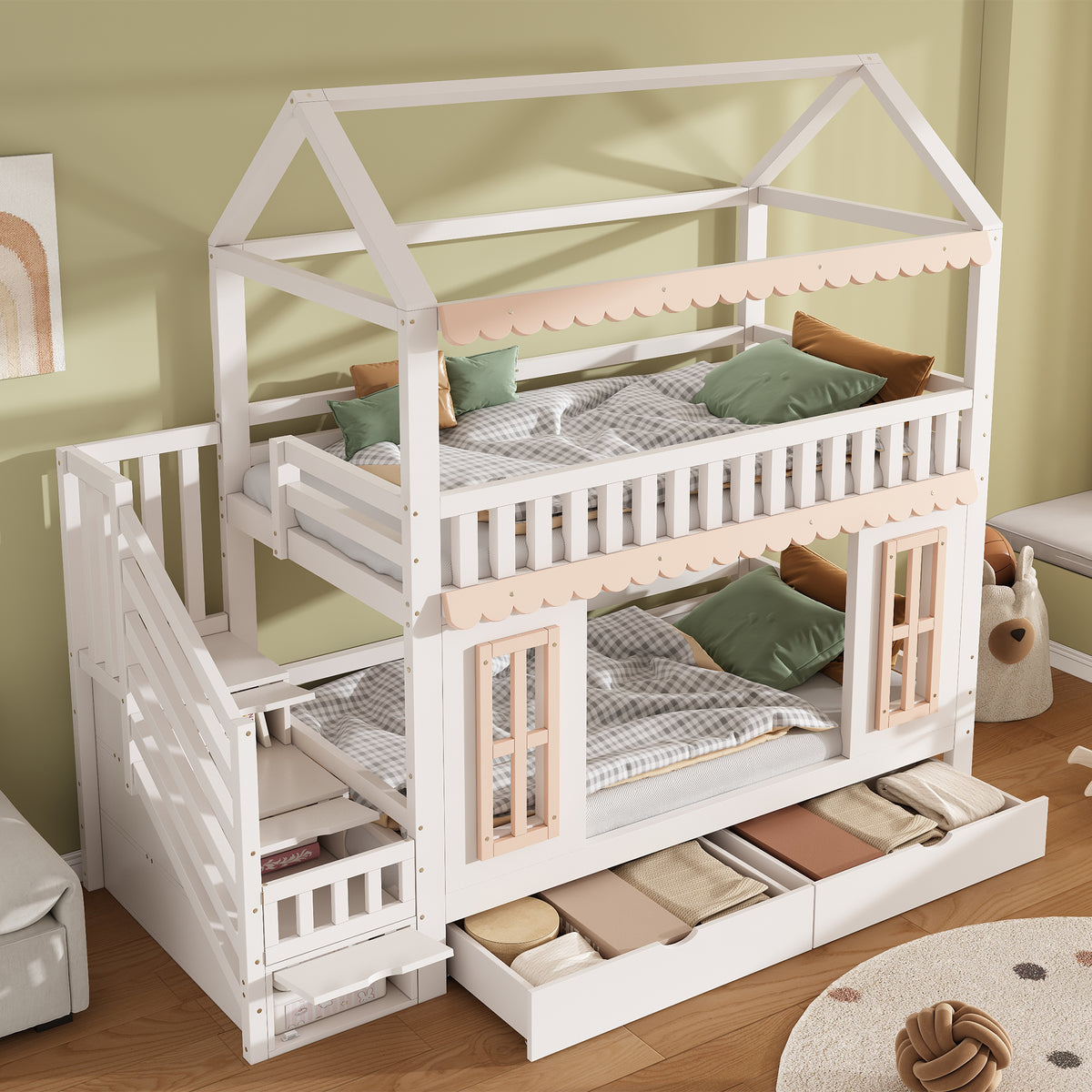 House Bunk Bed 90x200cm with Storage & Drawers, White & Natural