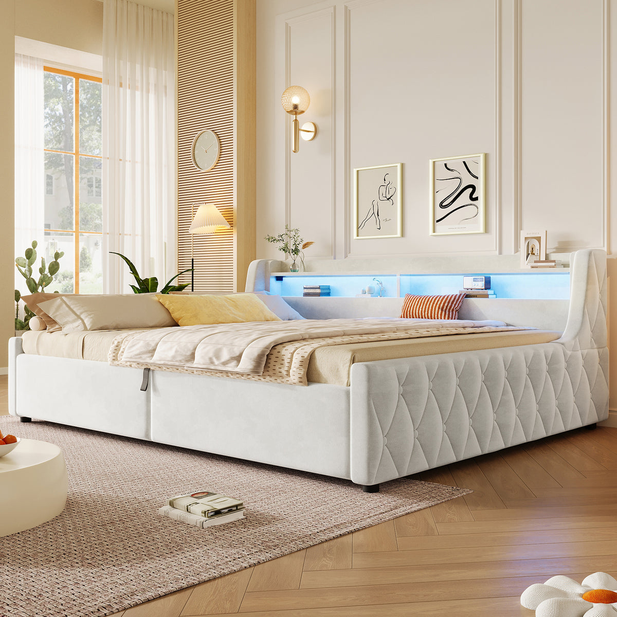Velvet Platform Bed 140x200 with Hydraulic Storage & LED, Beige