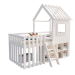 Children's House Bed 90x200, Roof & Window, Ladder, Solid Wood White