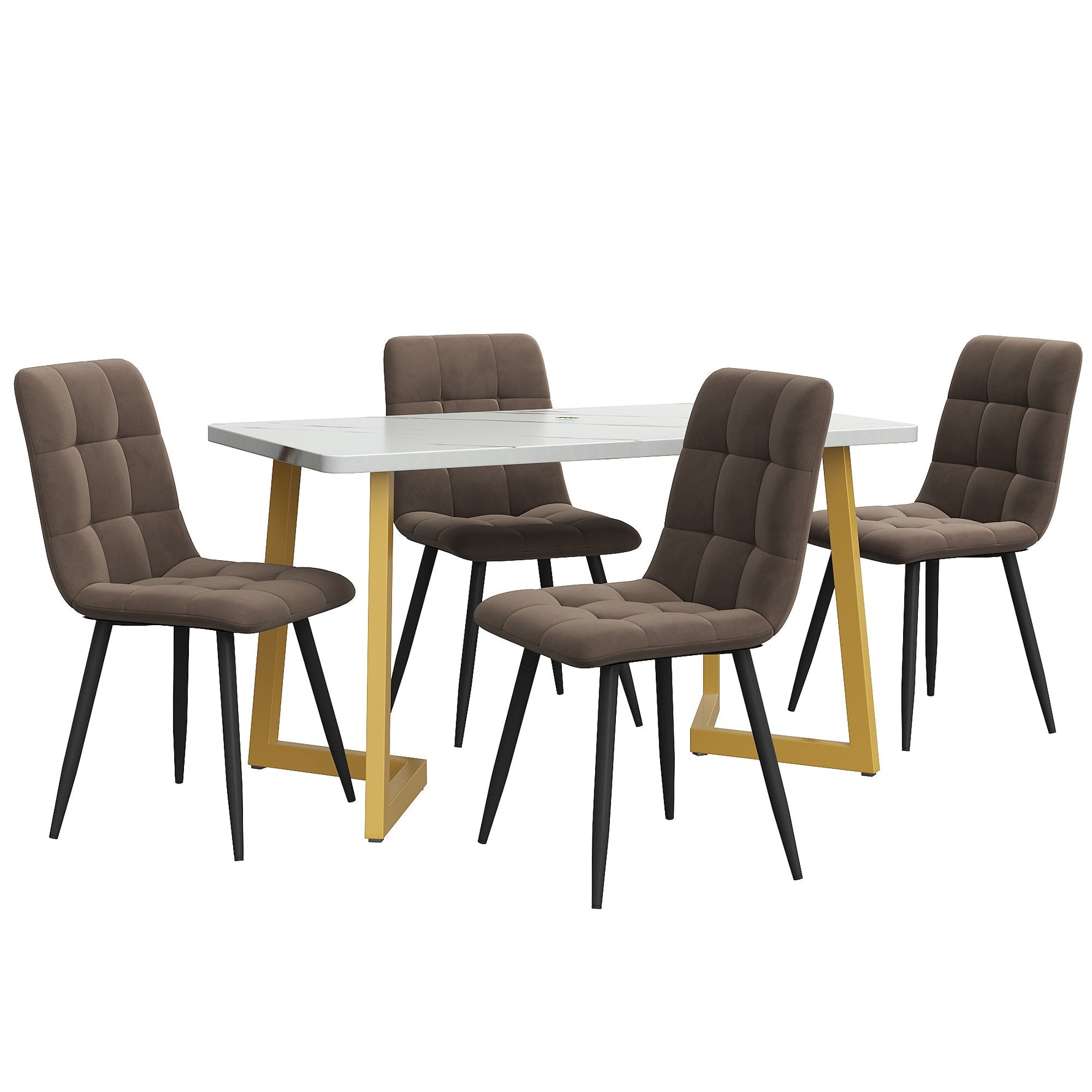 Dining Set 5-Piece Rectangular Modern Kitchen Table 4 Chairs Brown Velvet Gold Legs
