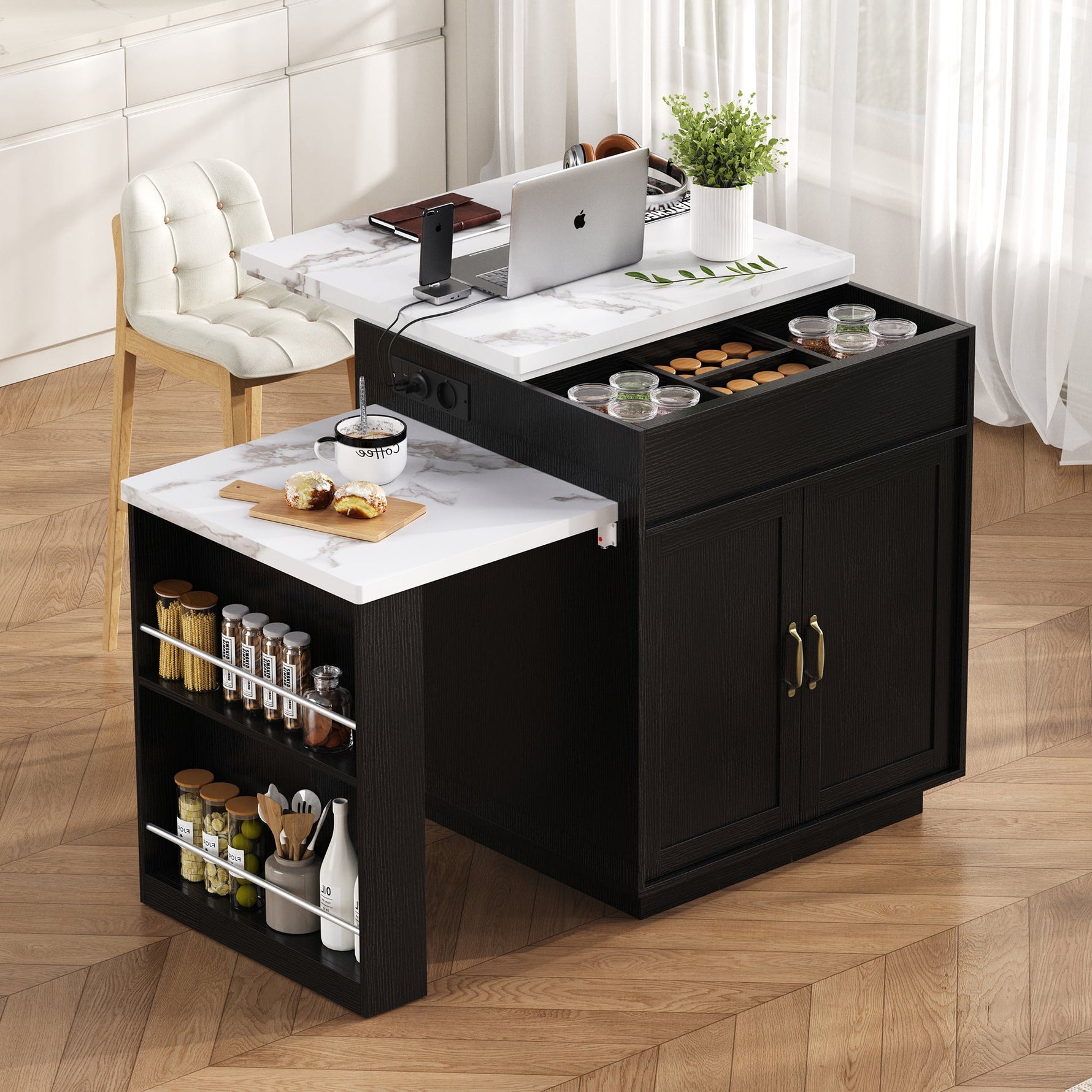 Kitchen Island on Wheels Extendable Table with LED & Power Strips Black