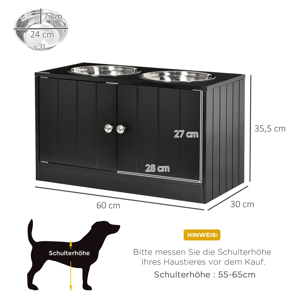 Dog Bowls, Elevated Feeding Station with 2 Stainless Steel Bowls, Black