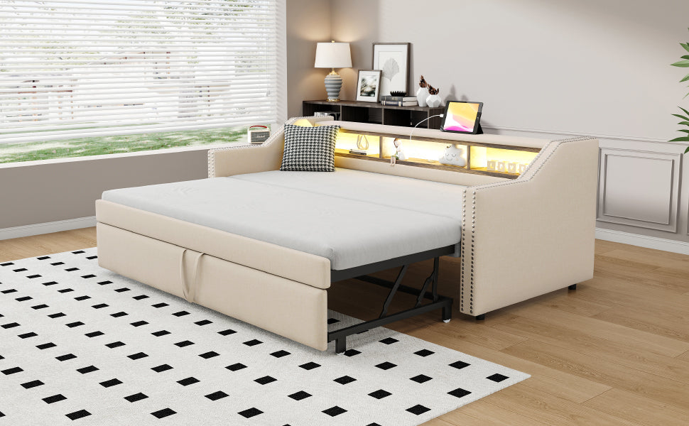 Upholstered Bed Extendable Sofa Bed 90/180 x 190 cm, Storage, LED, USB, Slatted Frame, Beige
