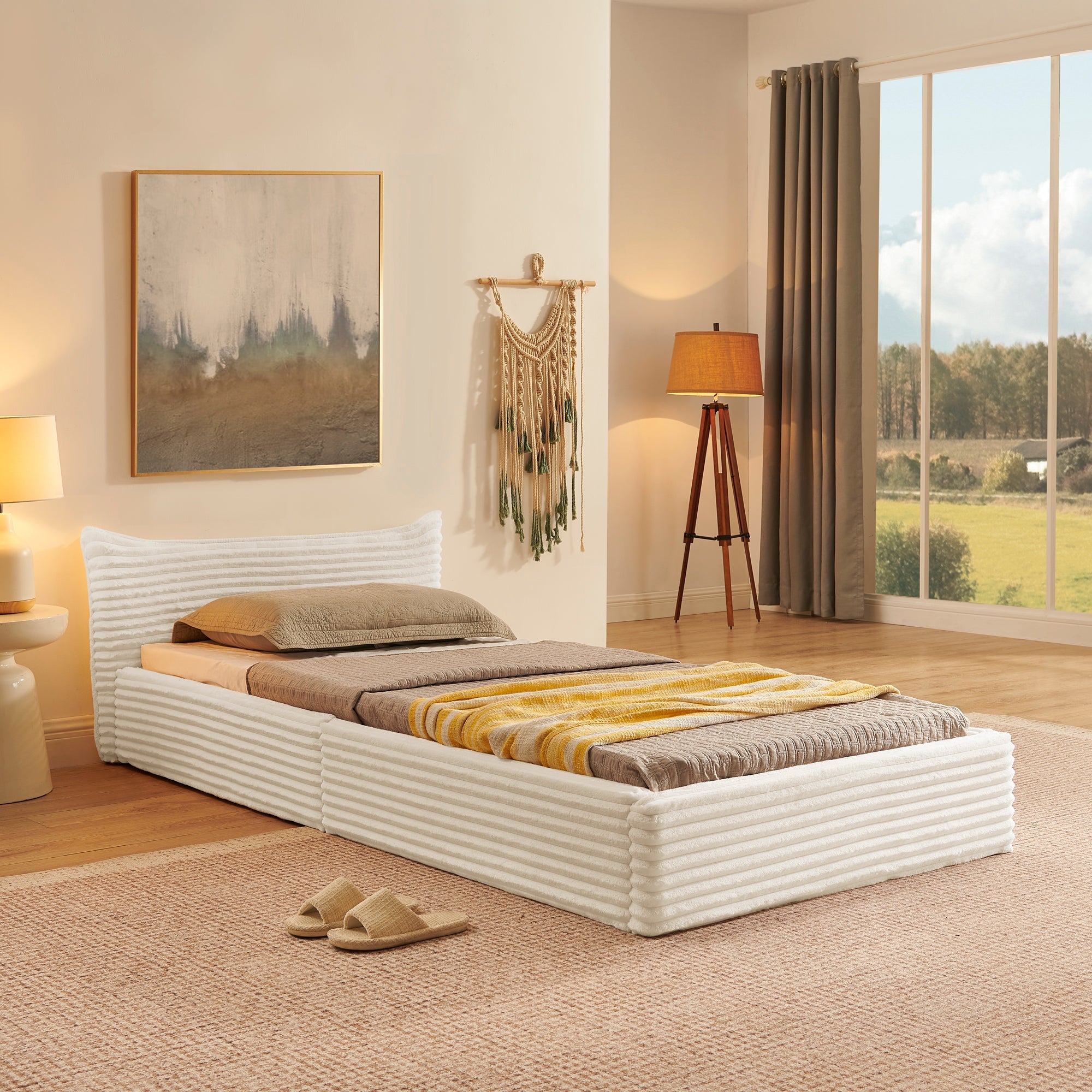 Single Bed 90x200cm, Eucalyptus Wood Frame, Corduroy Cover, Beige