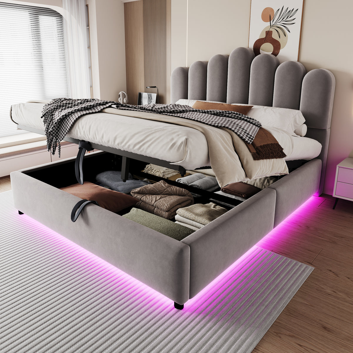 Upholstered Bed 140x200cm with Storage & LED Light - Grey Velvet