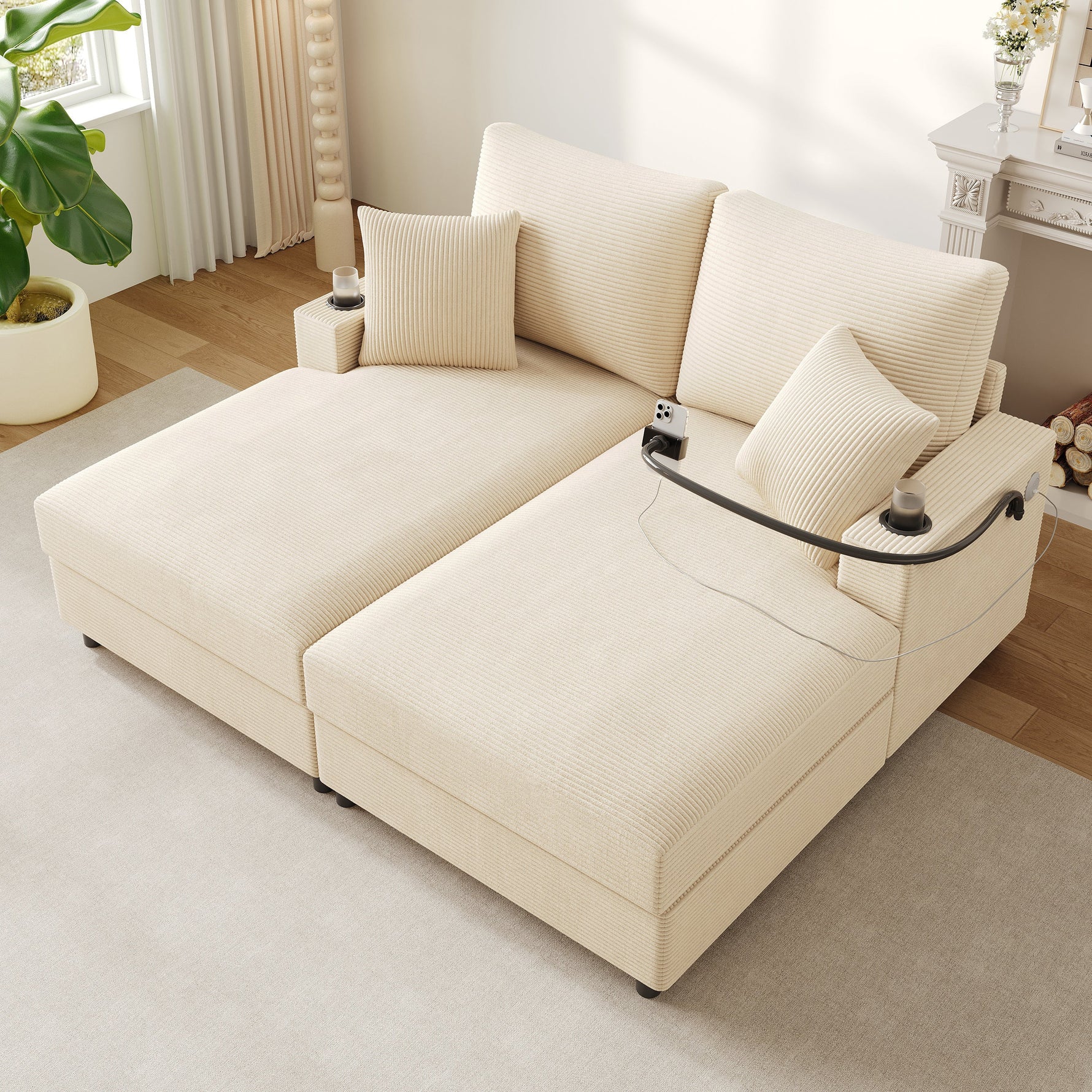 Double Sofa Bed with Sleeping Function, USB Port & Cup Holder - Beige