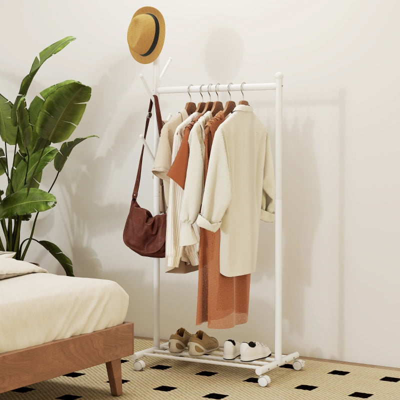 Clothes Rack, Mobile Wardrobe Rail 5 Hooks Shoe Rack, White
