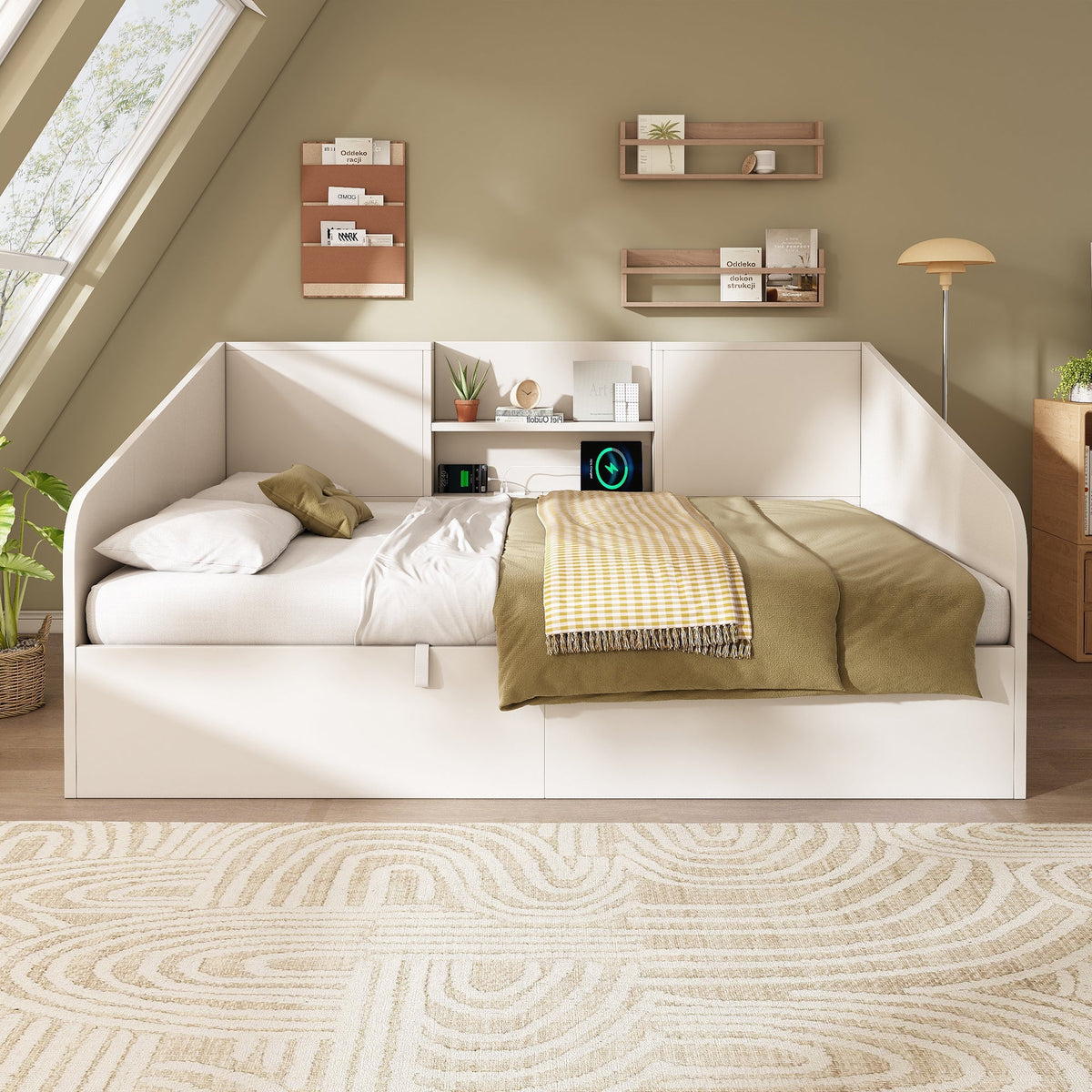 Hydraulic Daybed 140x190cm Double Bed Storage USB/Type-C Charging White Wood
