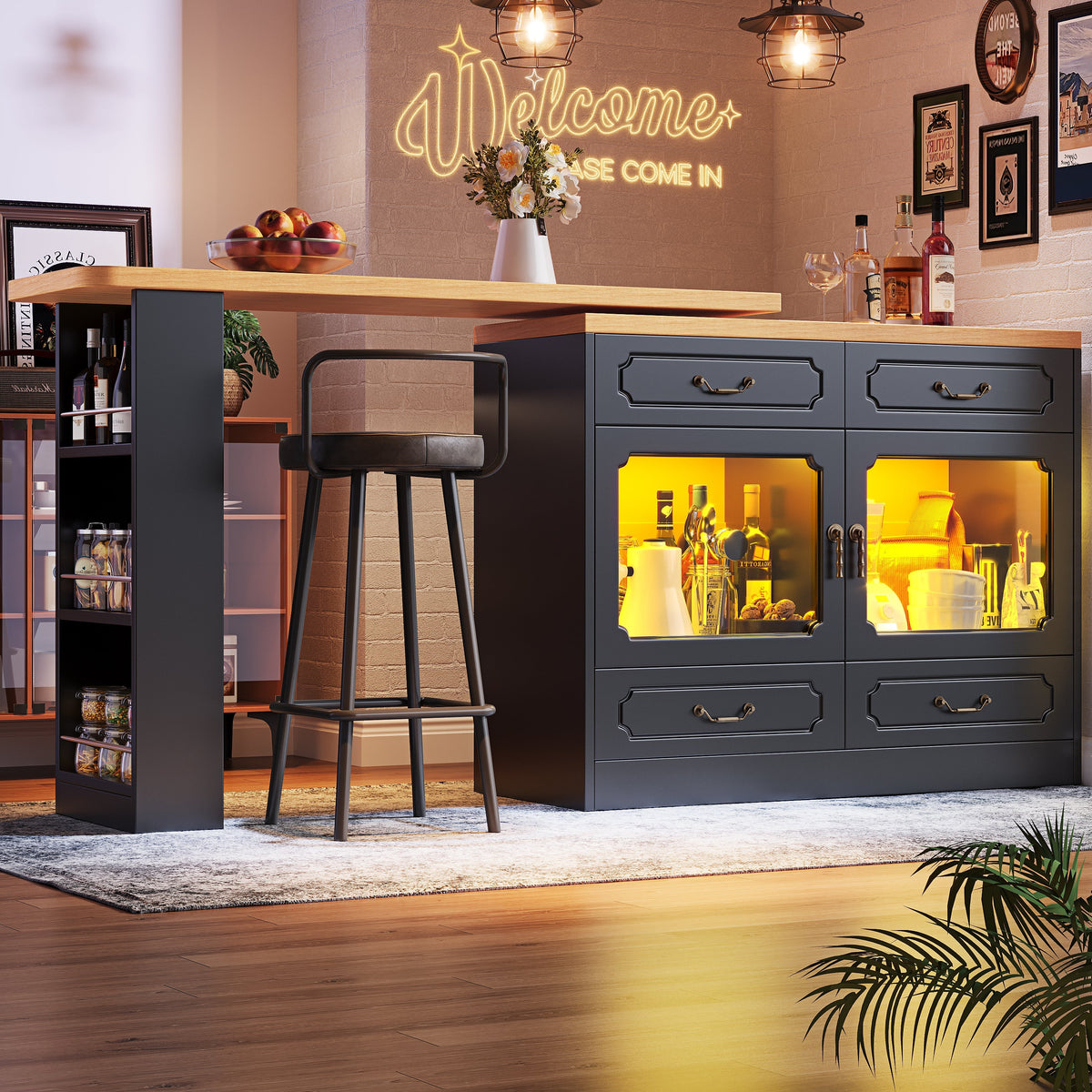 Extendable Bar Table 360° Rotating Storage LED 135-203cm - Black