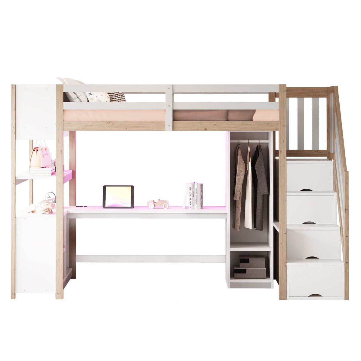 Wooden Loft Bed 90x200cm Wardrobe Desk Storage Stairs LED Sockets Wood Color