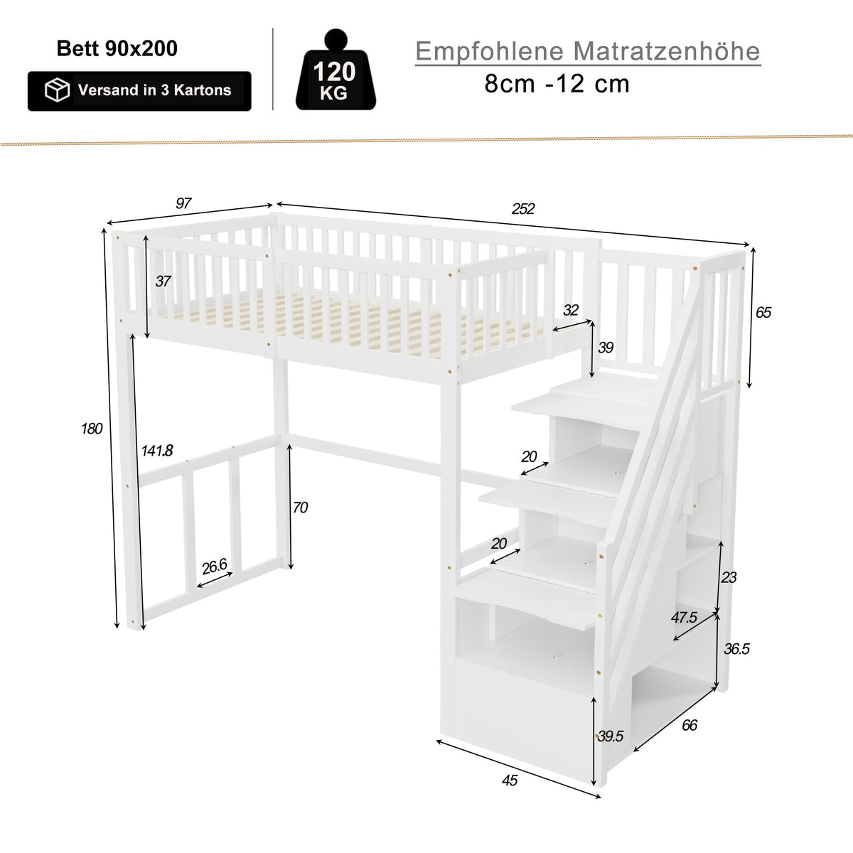 Loft Bed 90x200 Safety Storage Ladder Solid Pine Wood, White