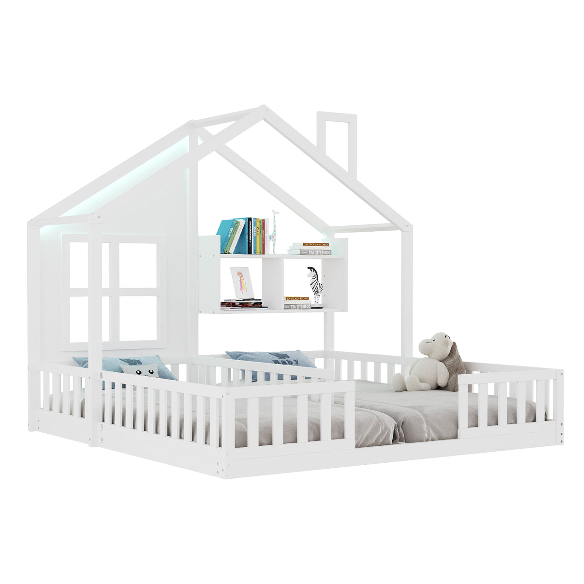 Children's House Bed 90x200 cm with LED & Storage, White