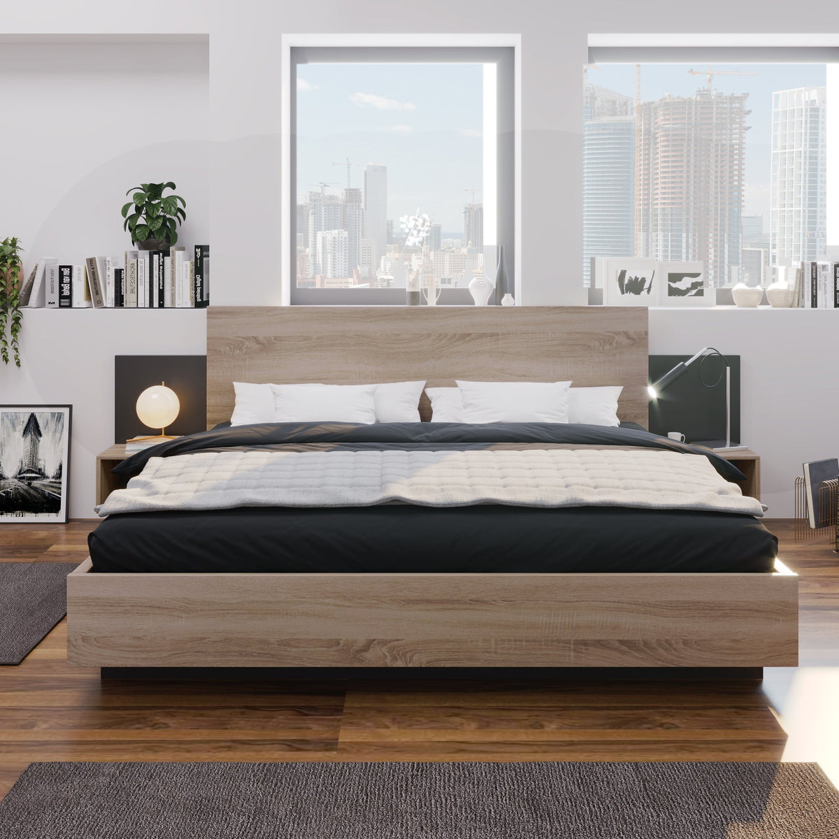 Double Bed Frame Set 160x200cm Modern 2 Bedside Tables, Sonoma Oak/Dark Grey Wood