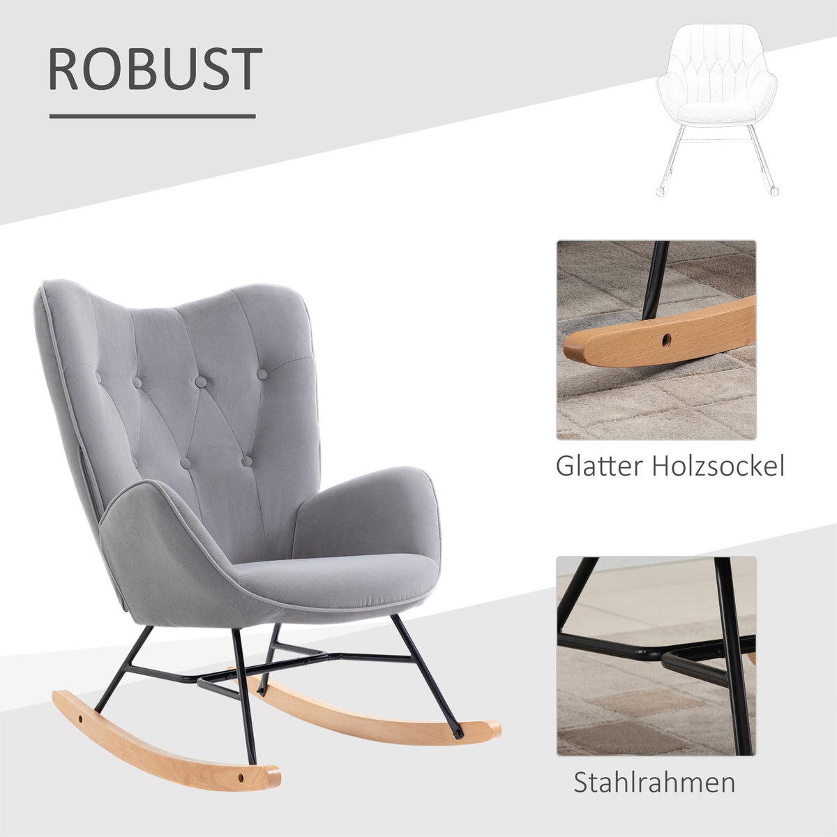 Rocking Chair, Ergonomic Swing, Nursing, Velvet Look, Light Grey