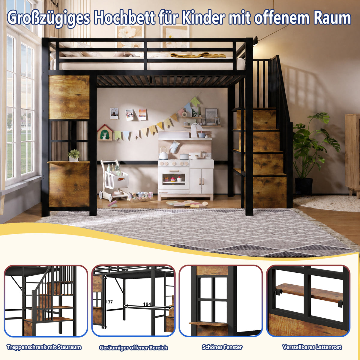 Loft Bed 90x200cm with Storage Ladder & Railing, Black Iron