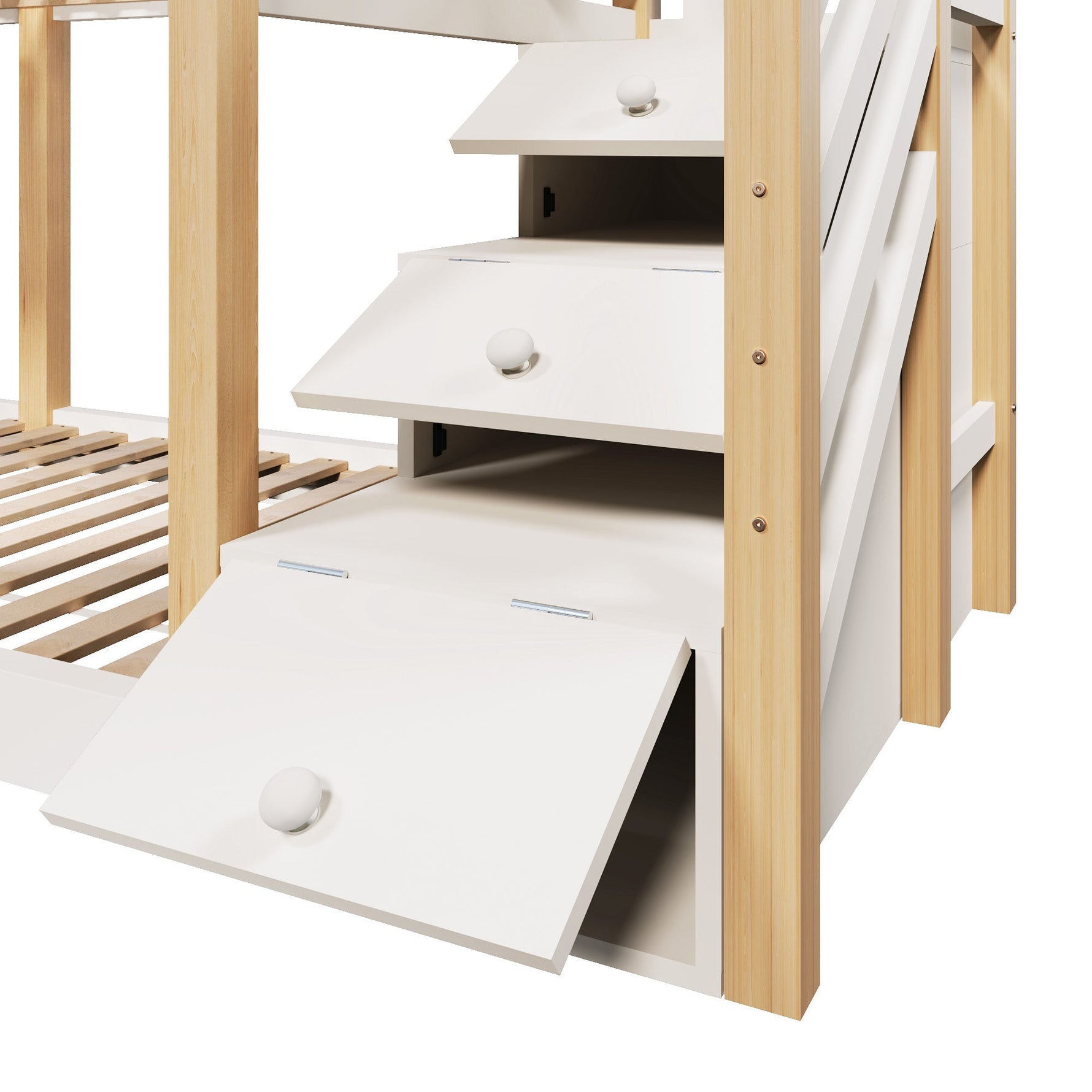 Bunk Bed 90x200, Treehouse Design with Blackboard, Storage, Fall Protection, Loft Bed for Kids, 2x Slatted Frames - Natural & White