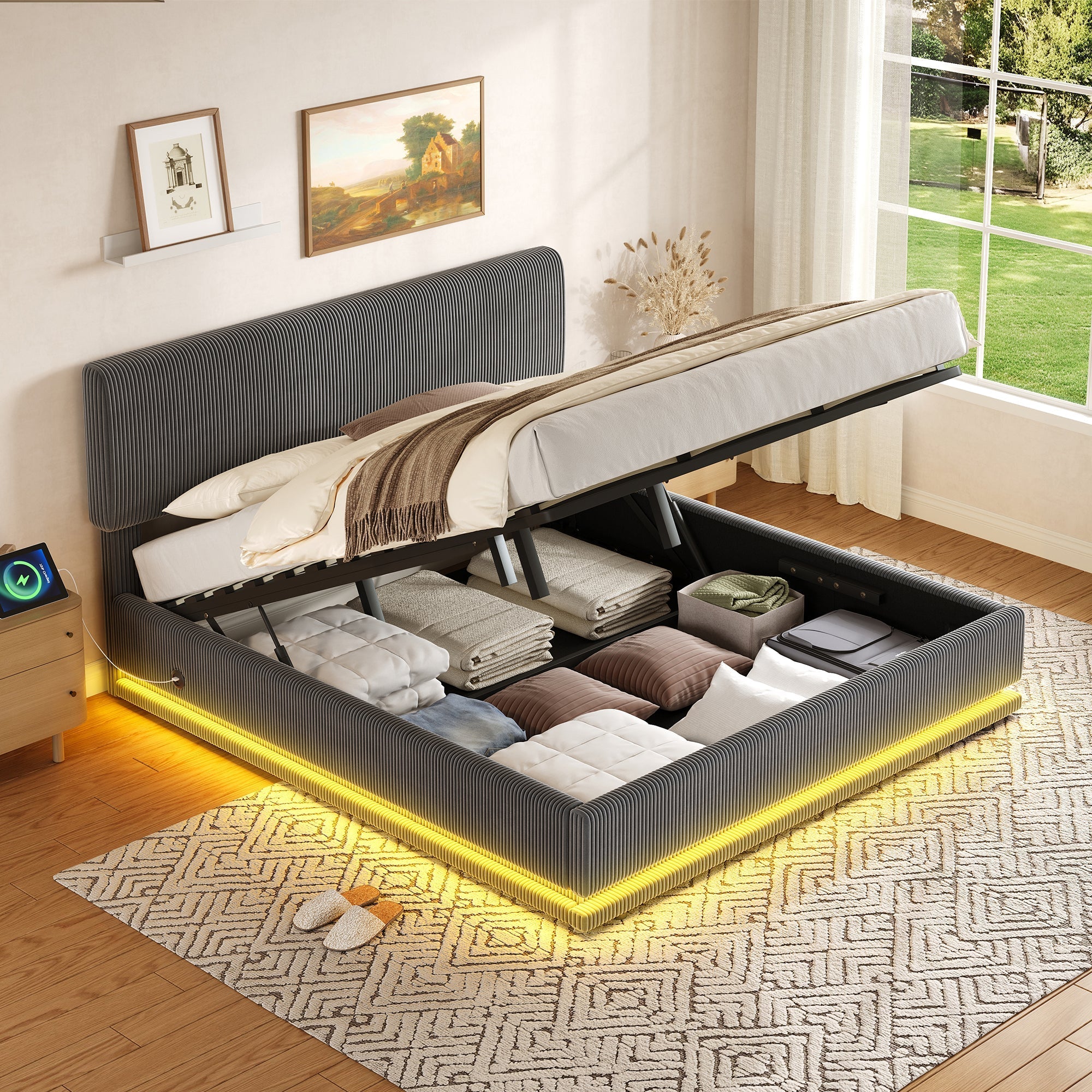 Modern Upholstered Bed with LED Lighting, USB-C and Under-Bed Storage, Gray Corduroy