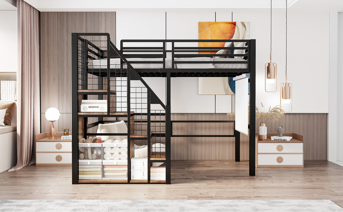 Bunk Bed with Safety Ladder 90x200 & Storage, Black Iron Frame