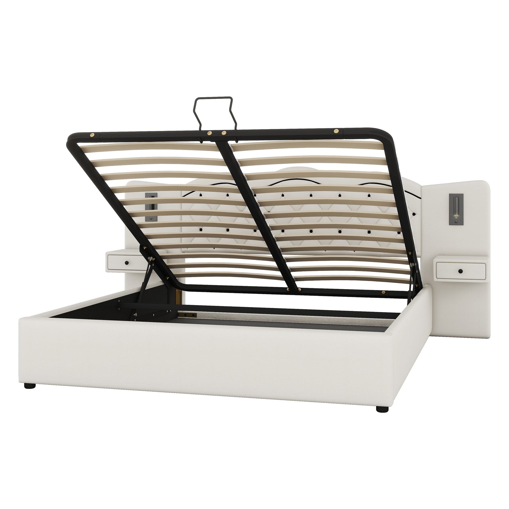 Upholstered Bed 180x200cm Hydraulic Lift Storage Headboard USB Lamps - Beige