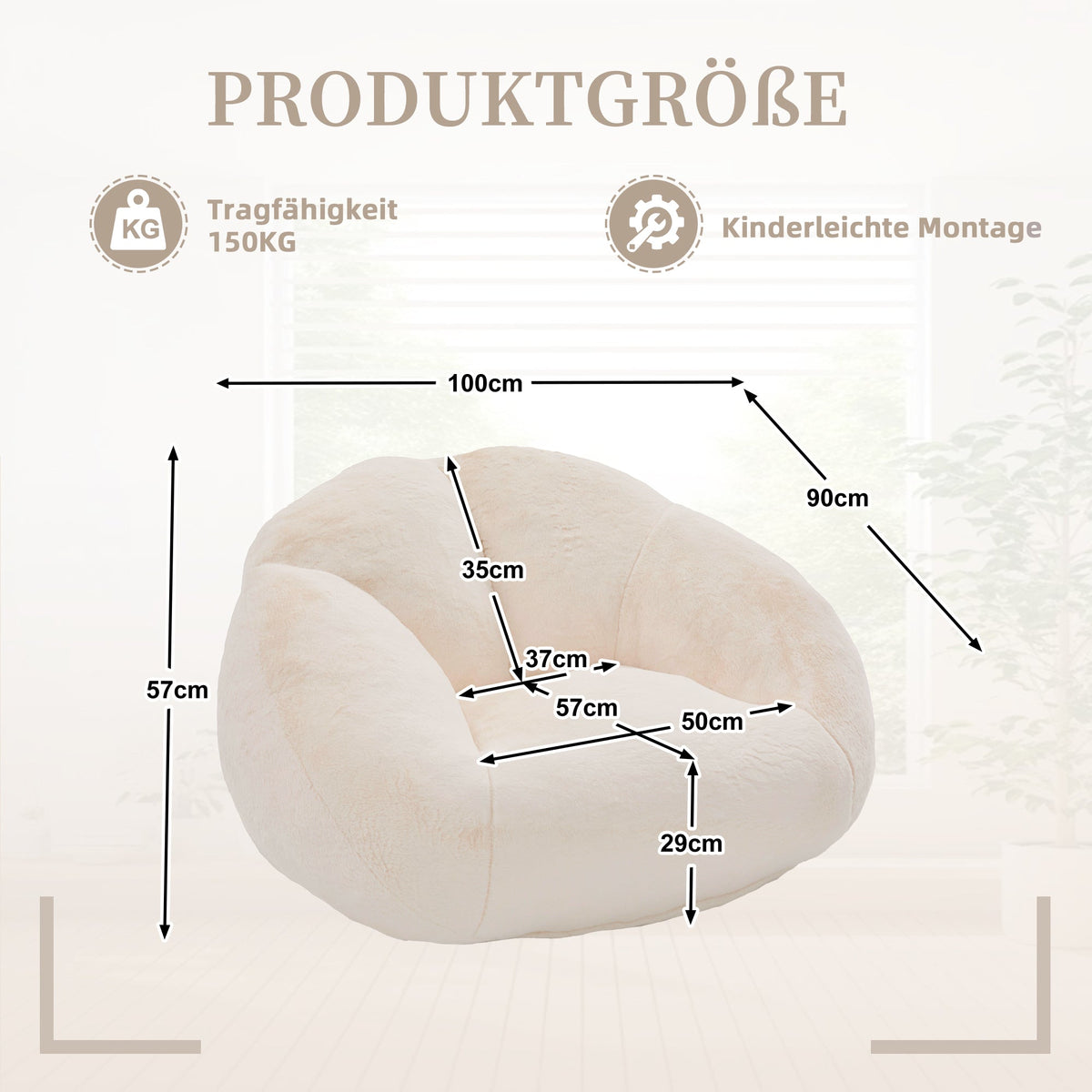 Soft Plush Beanbag Sofa with Non-Slip Base and Memory Foam, White Artificial Rabbit Fur