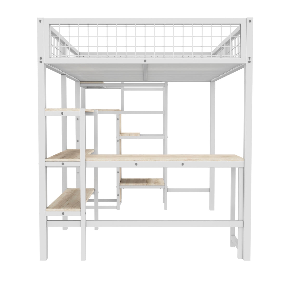 Loft Bed 140x200cm with Desk, Wardrobe & Shelves - White Iron