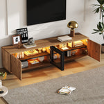 TV Cabinet 180cm for 75 Inch TV, LED Light Strip, Natural Wood & Black Glass