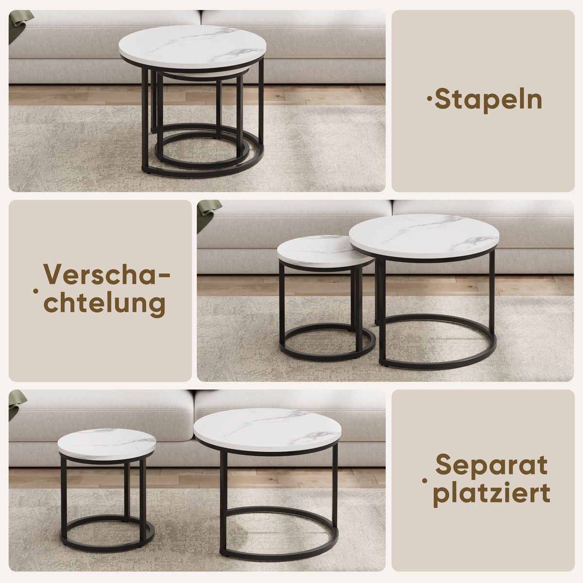 Nested coffee table 2 piece set, 60cm metal frame round modern, white