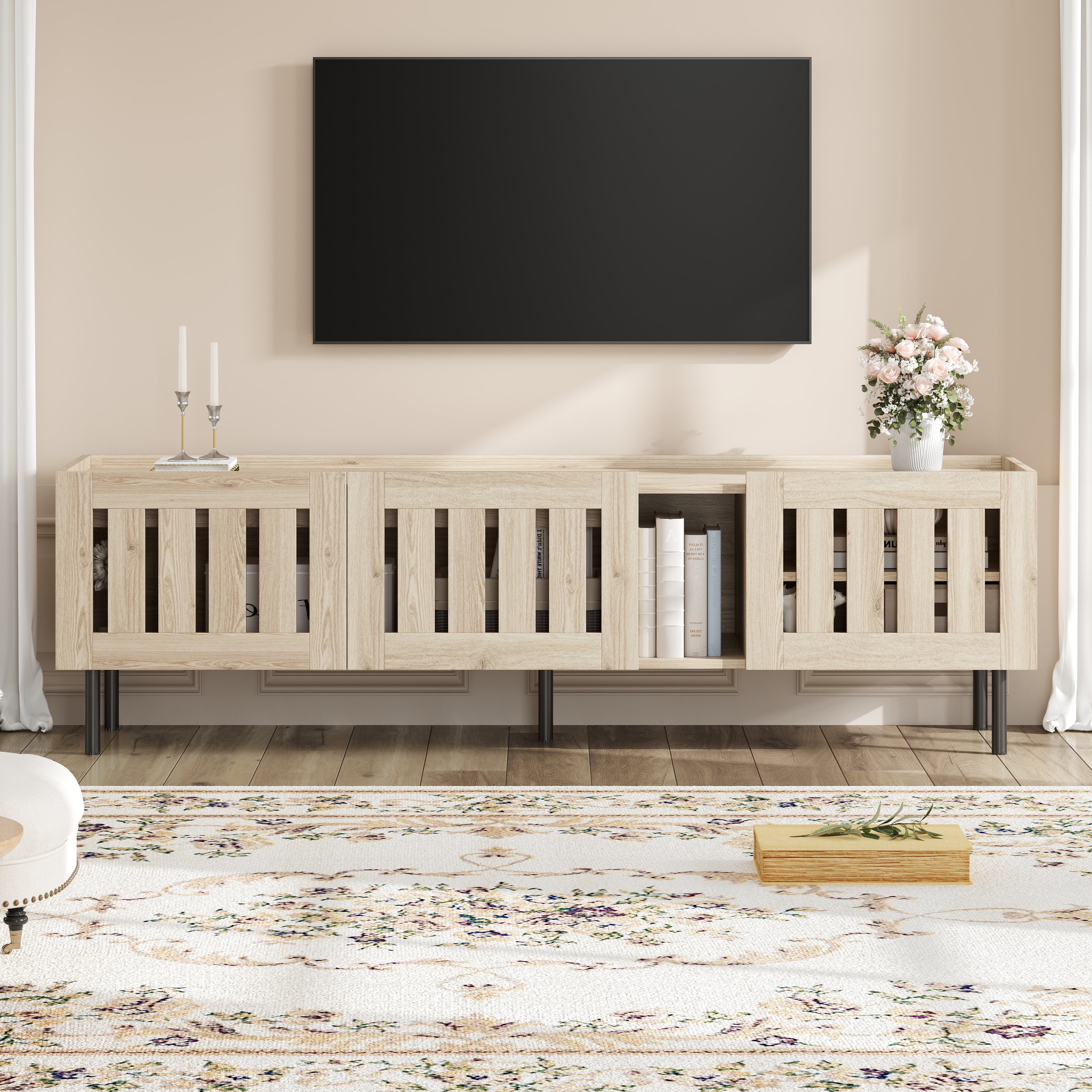 Minimalist Lowboard TV Stand 160cm Openwork Design for 65-inch TV - Natural Wood