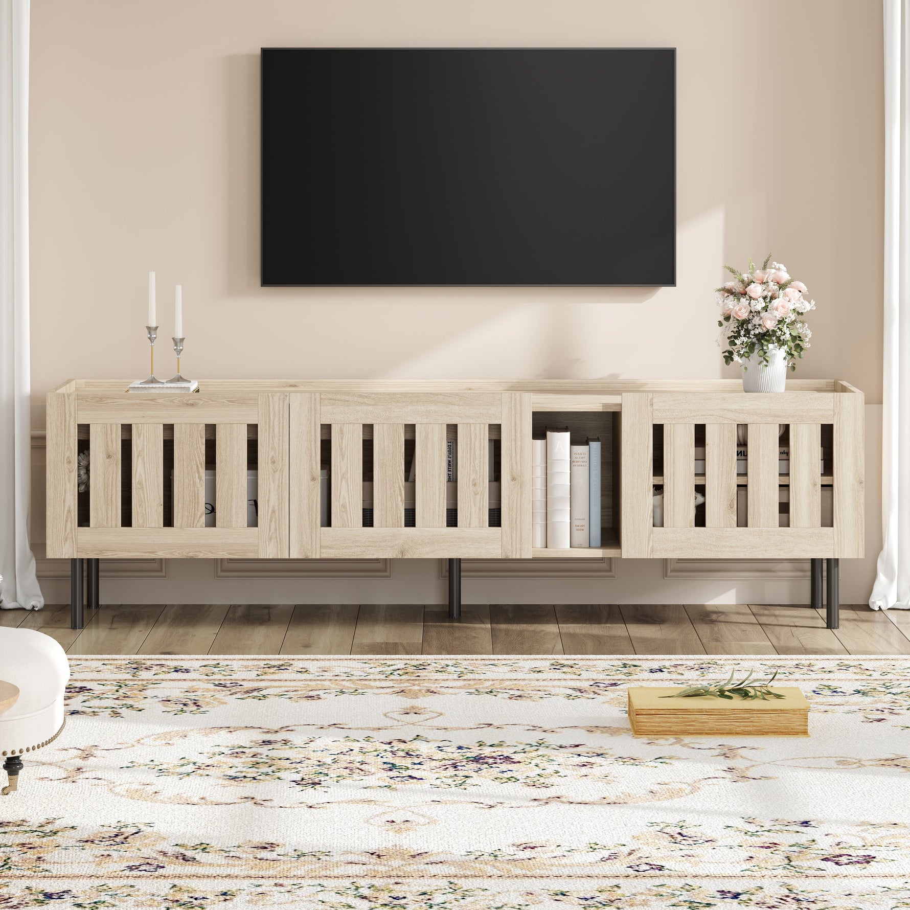 Minimalist Lowboard TV Stand 160cm Openwork Design for 65-inch TV - Natural Wood