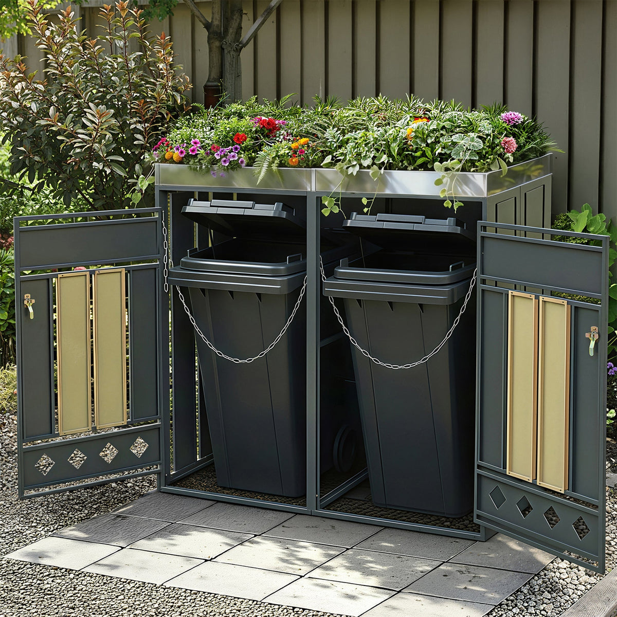 Bin Storage Unit with Planting Area, Lockable Two Doors and Hollow Base, Wood Grain Wood