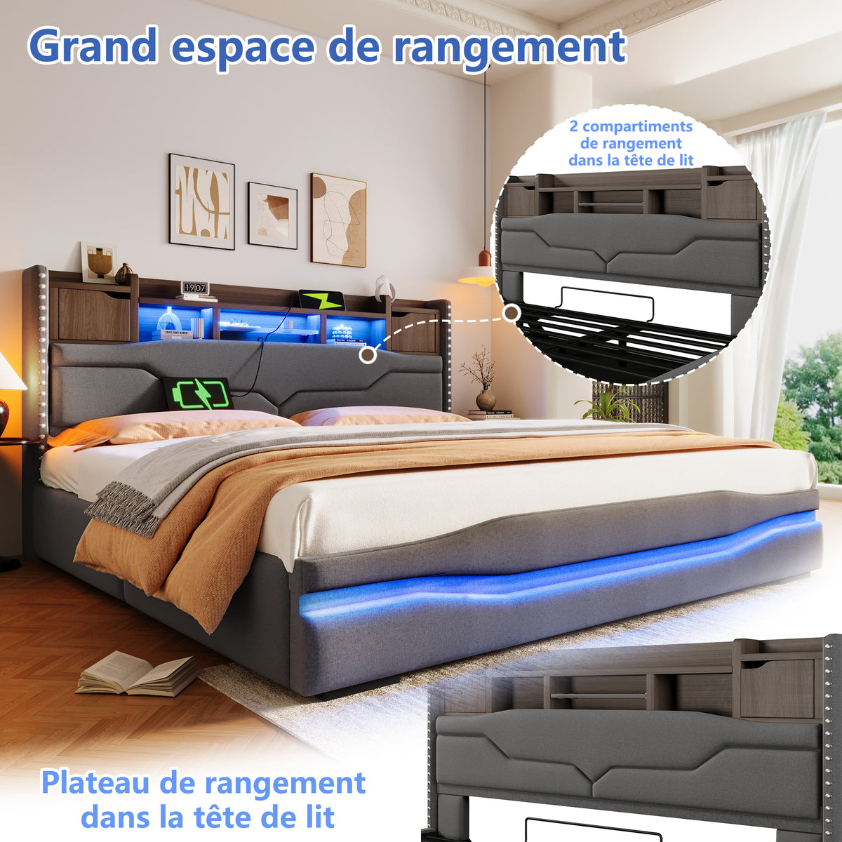 Upholstered Bed 180x200cm with Hydraulic Storage & LED, Grey