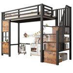 Loft Bed 90x200cm with Storage Ladder & Railing, Black Iron