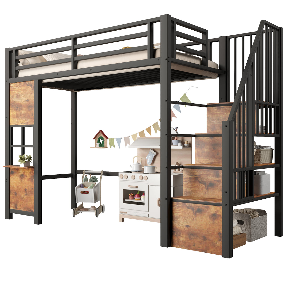 Loft Bed 90x200cm with Storage Ladder & Railing, Black Iron