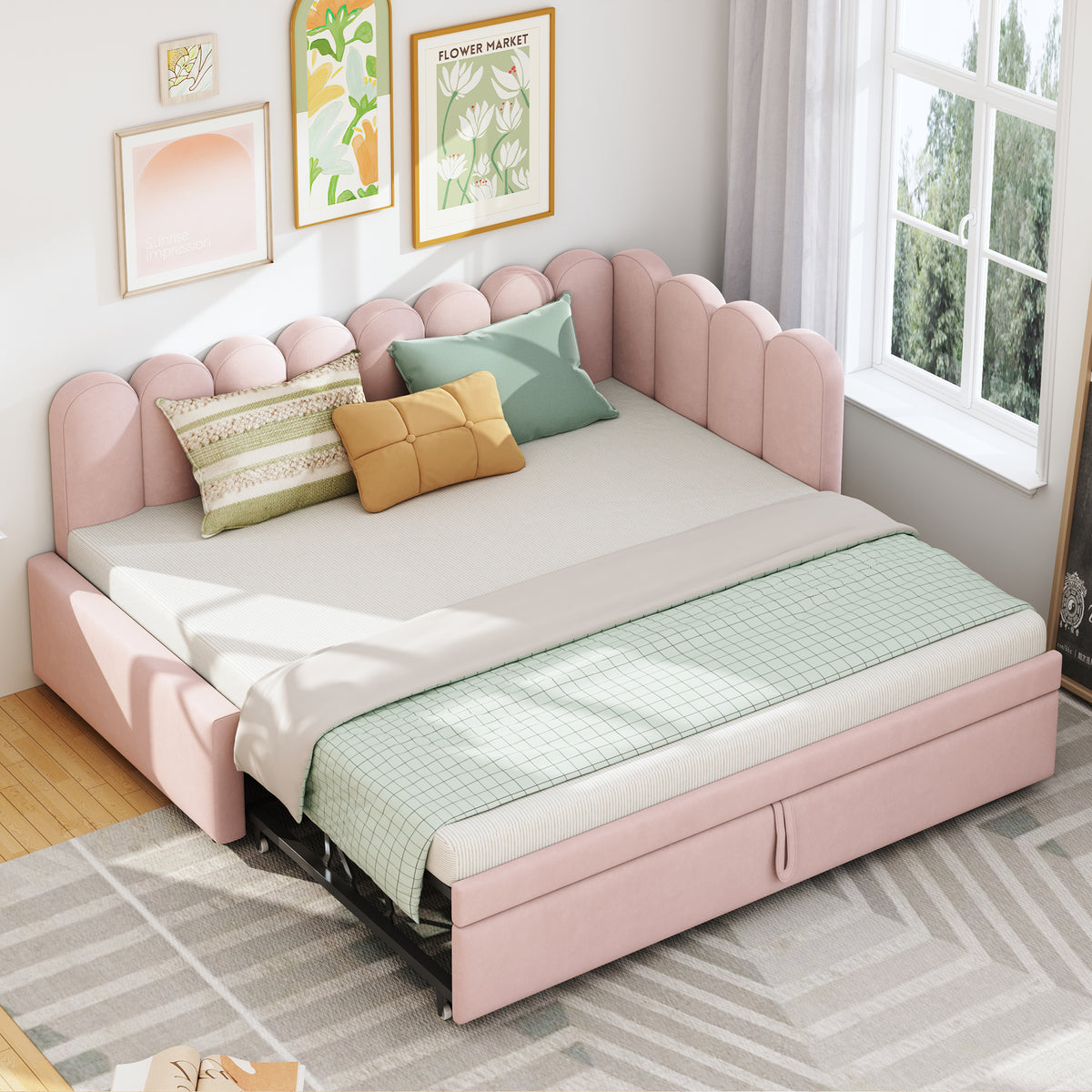 L-Shaped Sleeper Sofa Bed - 2-in-1 Space-Saving, Pink Velvet