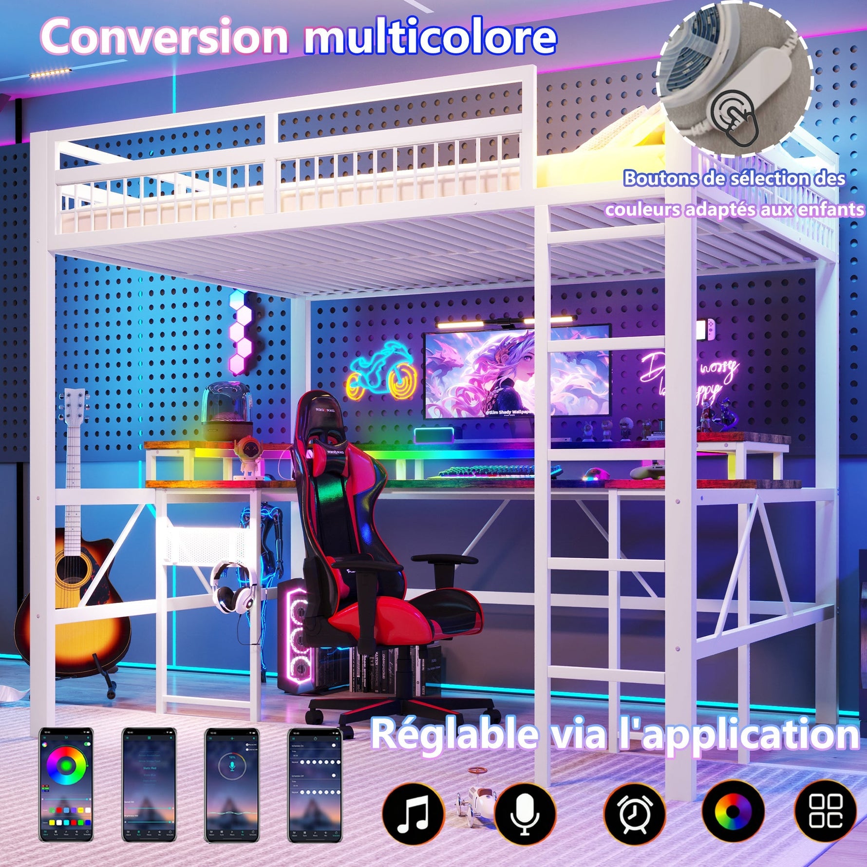 Loft Bed with Desk, LED Light Strip, USB Ports and Pegboard, White Metal Frame