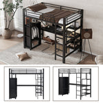 Iron Bunk Bed with Table Wardrobe Storage Ladder 90x200cm, Black Iron/Chipboard