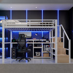 Loft Bed 140x200cm with Ladder Cabinet & LED, White Metal