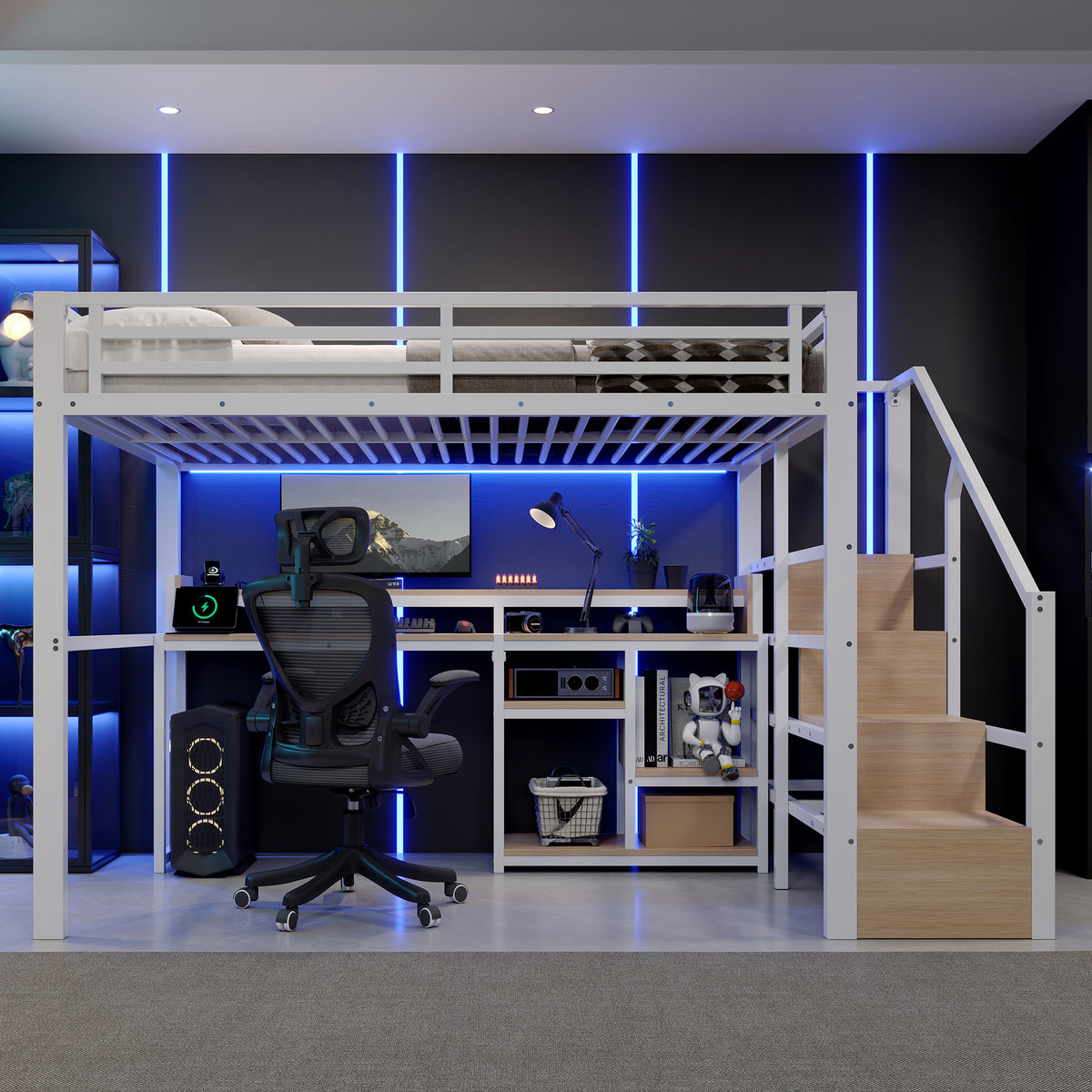 Loft Bed 140x200cm with Ladder Cabinet & LED, White Metal