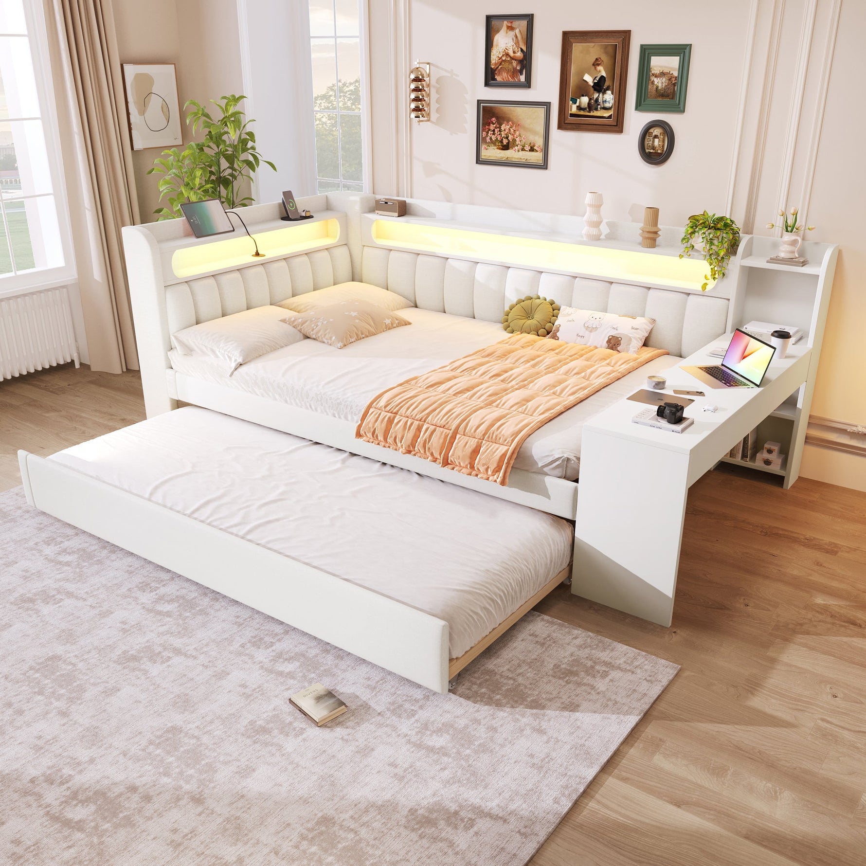 Upholstered Daybed 140x200 with USB, LED, Pull-Out Bed and Desk, White