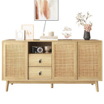 Sideboard, 3 Sliding Real Rattan Doors & 2 Drawers, Wood Color