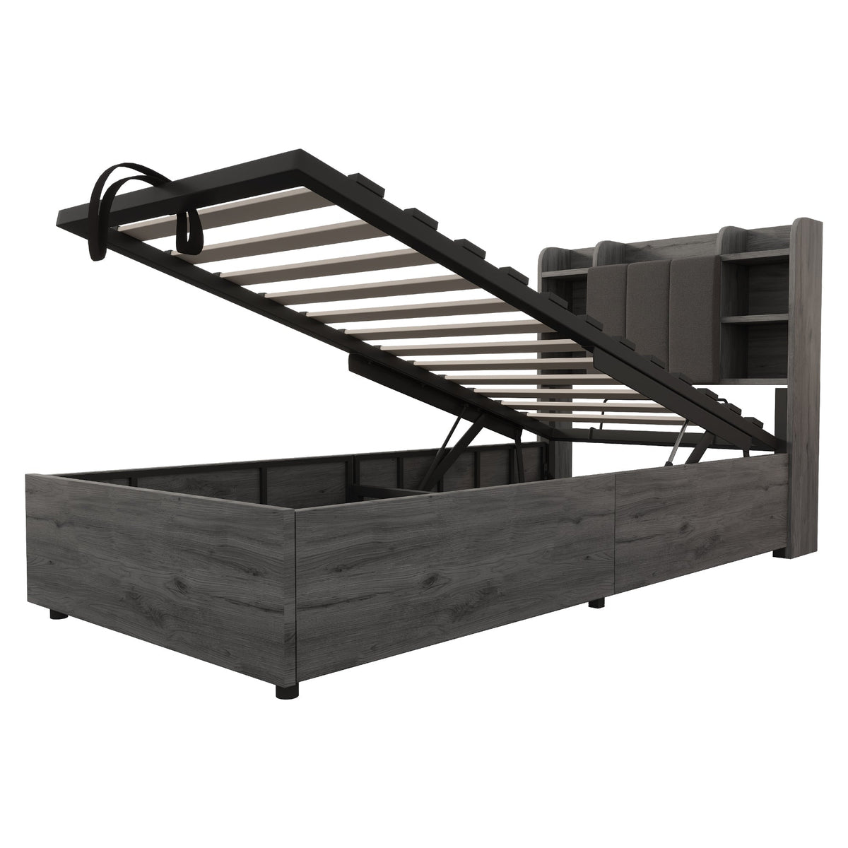 Wooden Bed, 90x200 cm Hydraulic with Storage & USB/Type-C, Grey